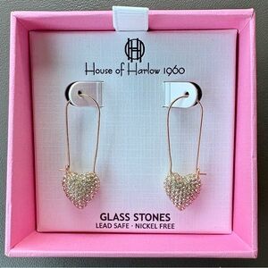 NWT, House of Harlow 1960 Pavé Crystal Heart Gold-Tone Threader Earrings